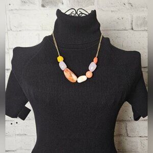 Chunky Orange Glass Bead Statement Necklace Gold Tone Chain Multicolor